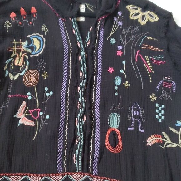 XL JOHNNY WAS EMBROIDERED COTTON LIGHTWEIGHT BOHO TUNIC TOP NAVY FRONT POCKET - Picture 13 of 15